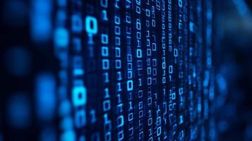Blue binary code streams across a dark screen, symbolizing data, technology, and the digital realm with glowing, structured patterns. photo