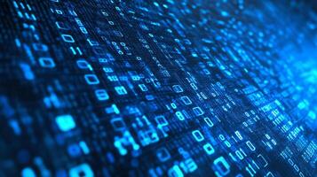 A matrix-like display of illuminated blue binary code cascading down a digital screen, representing data processing and information flow. photo