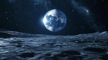 Earth viewed from the Moon's desolate surface, a celestial vista unfolds, contrasting beauty and barrenness in the vastness of outer space. photo