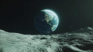 View of Earth from the Moon. The desolate lunar landscape contrasts sharply with Earth's vibrant colors suspended in the blackness of space. photo