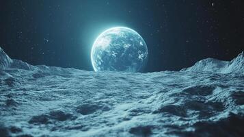 A serene view from a lunar surface, featuring a vibrant blue planet dominating the starry sky, a beautiful depiction of space exploration photo