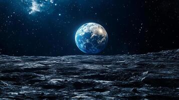 Stunning view of a blue planet from a barren, rocky surface under a starlit sky. A celestial vista of Earth from another world. photo