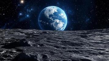 View of a planet from a desolate, cratered surface, under a starry sky, capturing the vastness and wonder of space exploration. photo