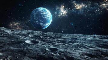 A celestial view featuring a blue planet rising above a lunar-like surface amidst a backdrop of stars and distant galaxies. photo