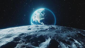 Earth rising over the lunar surface, highlighting the contrast between the cratered moon and our vibrant, distant home planet. photo