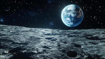 Lunar surface with distant planet. Craters, gray texture, night sky. Stars scattered in dark backdrop. Serene cosmic vista. photo