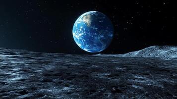 Distant blue planet viewed from the Moon, set against a backdrop of stars. A serene depiction of the Earth from outer space. photo