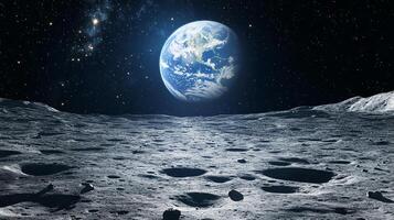 Earth from the moon surface, surrounded by the stars of cosmos. Horizon of gray terrain with pits. Space exploration and discovery. photo