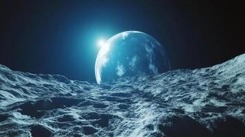 Ethereal cosmic view of a planet rising over a barren, textured lunar surface, bathed in a soft, celestial glow. Space exploration theme. photo
