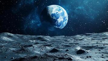 Earth from a gray, desolate moonscape under a sky full of stars. A distant planet looms in the cosmic expanse above the lunar surface. photo