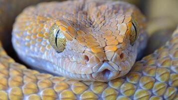 Close-up of a coiled snake, showcasing its patterned scales, yellow eyes, and triangular head. The snake appears alert and ready. photo