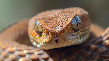 Stunning close-up of a coiled snake with intricate scale patterns and captivating eyes, showcasing nature's beauty and subtle details. photo