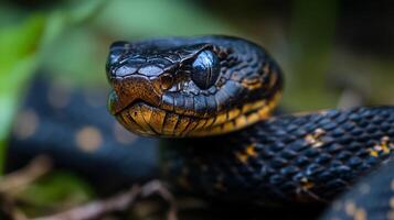 Close-up portrait of a glossy black and brown snake, revealing its intricate scale patterns, textures, and mesmerizing blue eye. photo