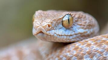 A close-up portrait showcases the intricate details of a snake's head, capturing its textured scales and striking amber eye in sharp focus. photo