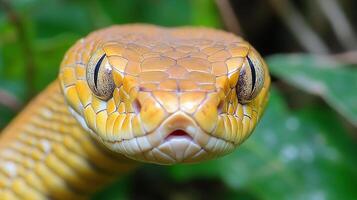 Golden snake with piercing eyes staring intently ahead, poised to strike or observe its surroundings in a lush green environment. photo
