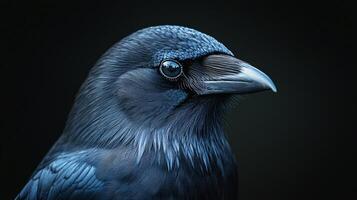 Close up portrait of a raven against a dark background, highlighting the intricate details of its feathers and the intensity of its gaze photo