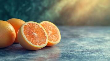Grapefruit halves and whole fruits resting on a marble countertop, illuminated by warm sunlight photo