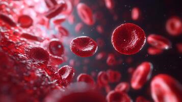 Detailed view of red blood cells flowing through a vessel, showcasing their distinct biconcave shape and crucial function for human body. photo