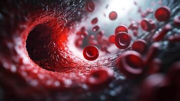 Blood cells flowing through a vessel, highlighting circulation and internal body functions. Scientific visualization of microscopic life inside. photo