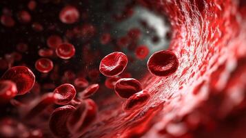 Microscopic view of red blood cells flowing through a vessel, essential for oxygen transport in the circulatory system. photo