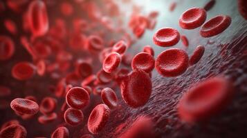 Microscopic view of numerous red blood cells flowing through a vessel, highlighting their quantity and role in oxygen transport. photo