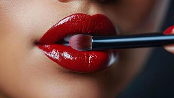 Bold red lips with a makeup brush for perfect application, highlighting texture and color. Enhance your look with precision and style. photo