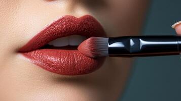 Crimson lips are painted with a makeup brush, creating a stunning, bold look. The perfect final touch for a polished, elegant appearance. photo