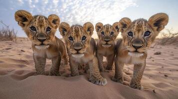 Four lion cubs stand together on a sandy dune, looking directly at the viewer with curious expressions against a bright sky. photo
