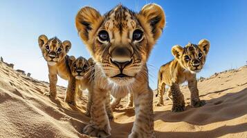 A close-up view shows a group of adorable lion cubs walking and playing in a desert environment under a clear blue sky. photo