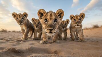 Five adorable lion cubs on a sandy plain, gazing forward with curiosity under a bright sky at sunset, exuding innocence and wild charm. photo