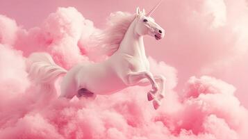 A majestic unicorn leaps through soft, pink clouds, its white coat gleaming against the ethereal backdrop of a dreamy sky. photo