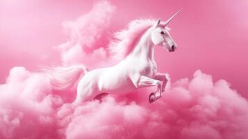A majestic unicorn leaps through a dreamscape of pink clouds, embodying fantasy and ethereal beauty. A symbol of purity and magic. photo