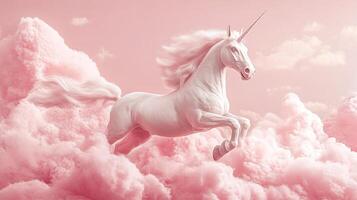 An enchanting unicorn leaps through soft pink clouds, radiating magic and wonder. A whimsical dream come to life with ethereal beauty. photo