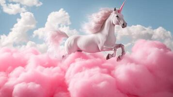 A majestic white unicorn leaps across fluffy pink clouds under a bright blue sky, a vision of fantasy and wonder. photo