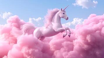 A magical unicorn prances through puffy pink clouds, against a blue sky. Fantasy and dreamlike, it evokes wonder and joy. photo