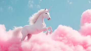 A majestic white unicorn leaps through pink cotton candy clouds against a soft blue sky, evoking magic, fantasy and wonder. It is a dreamy escape. photo