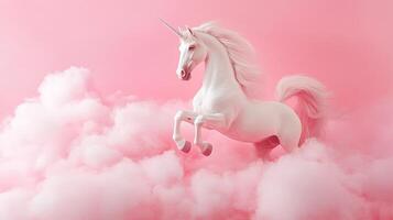 Ethereal unicorn leaping from cotton candy clouds, embodying myth and magic. Fantasy comes to life in pastel perfection. photo