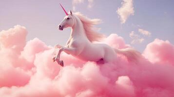 Ethereal unicorn leaps through a pastel sky, pink clouds swirling around it, creating a dreamlike scene of fantasy and wonder. photo