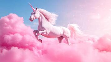 Ethereal unicorn leaping among pink clouds in a bright blue sky, captured with enchanting detail and whimsical, dreamy style. photo