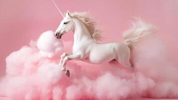 A majestic white unicorn leaps through a pink cotton candy dreamscape, its horn glowing softly against the pastel background. photo