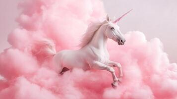 A majestic white unicorn with a pink horn gallops amidst clouds of pink smoke. Ethereal and beautiful, a dreamlike image. photo
