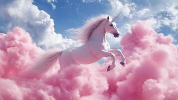 A majestic unicorn leaps among clouds in a blue sky, exuding grace and magic, a symbol of dreams, fantasy, and pure imagination. photo