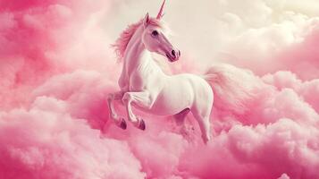 A majestic white unicorn gallops through swirling pink clouds, its horn gleaming softly in the light. Ethereal and magical scene. photo