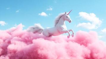Elegant unicorn leaps through clouds of pink. Surreal scene with fluffy clouds under a vibrant blue sky, enchanting and whimsical artwork. photo