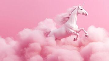 A majestic white unicorn leaps through fluffy pink clouds, creating a dreamy and whimsical scene against a soft pink backdrop. photo