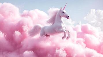 A majestic white unicorn leaps through a whimsical landscape of fluffy pink clouds under a serene sky. Ethereal and dreamy artwork. photo