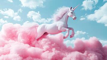 A majestic white unicorn leaps through a cotton candy cloudscape, bathed in soft light under a blue sky, creating a whimsical, dreamy scene. photo