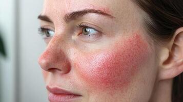Close-up of a woman's face showing skin with redness on the cheeks and nose, possibly rosacea or sensitive skin condition. photo