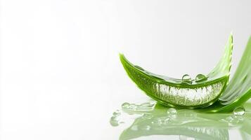 Aloe slice with water droplets glistens, highlighting its fresh and hydrating properties. Green texture stands out against white. photo