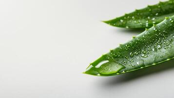 Aloe vera leaves covered in water droplets against a white backdrop, highlighting their texture and freshness in a studio setting. photo